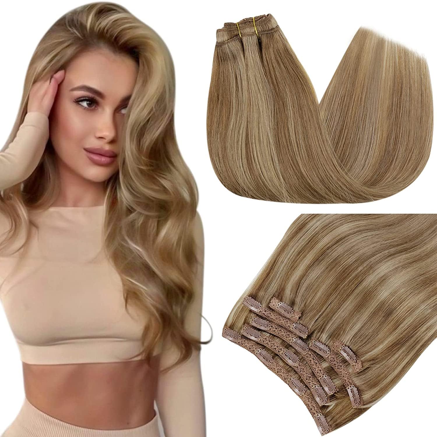 RUNATURE Blonde Extensions Clip in Human Hair Dark Blonde Clip in Hair Extension...