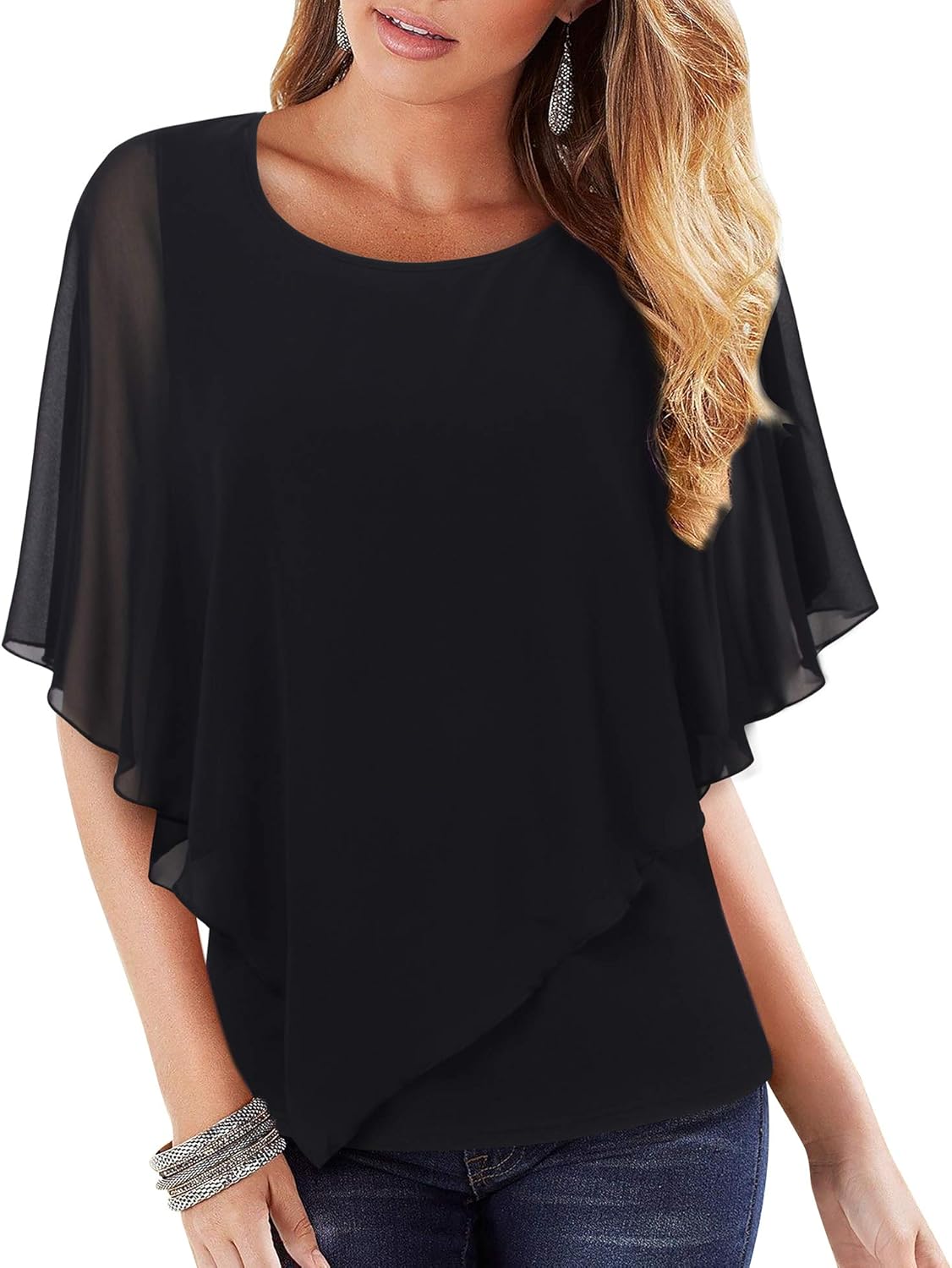 Lotusmile Women's Lightweight Flowy Shirt Double-Layered Printed Chiffon Poncho...