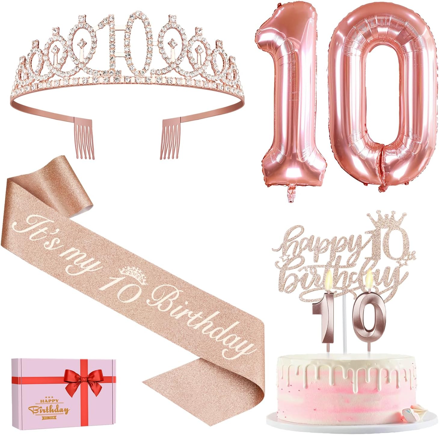10th Birthday Decorations for Girls Including 10th Birthday Sash, Crown/Tiara, C...