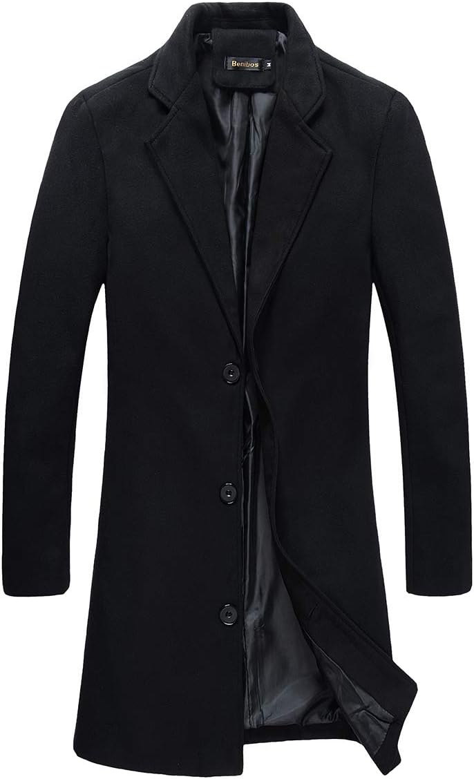 Beninos Mens Trench Coat Slim Fit Notched Collar Overcoat Medium Black
