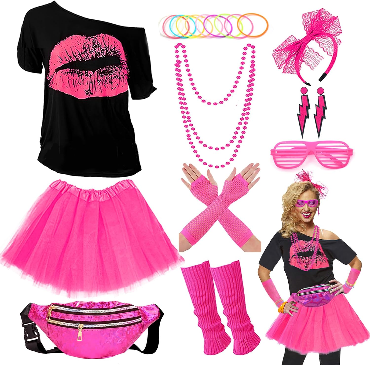 Upgraded 80s Outfit Costume for Women,80s Party Costume Accessory Sets with T-Sh...