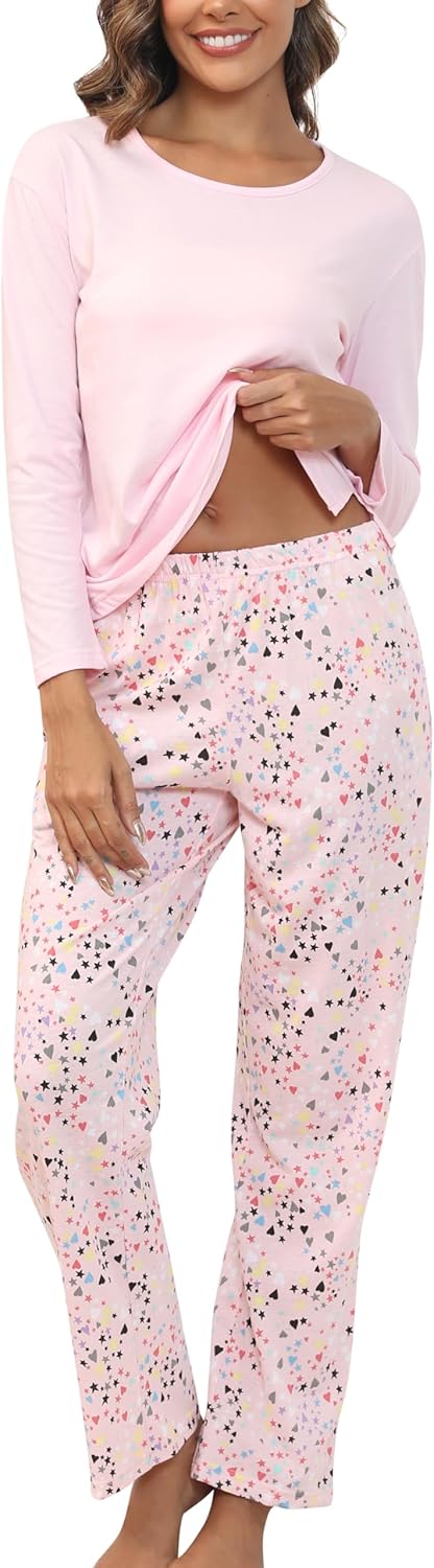 PNAEONG Women's Cotton Long-Sleeve Tops and Full-Length Pajama Set Two-Piece Pjs...