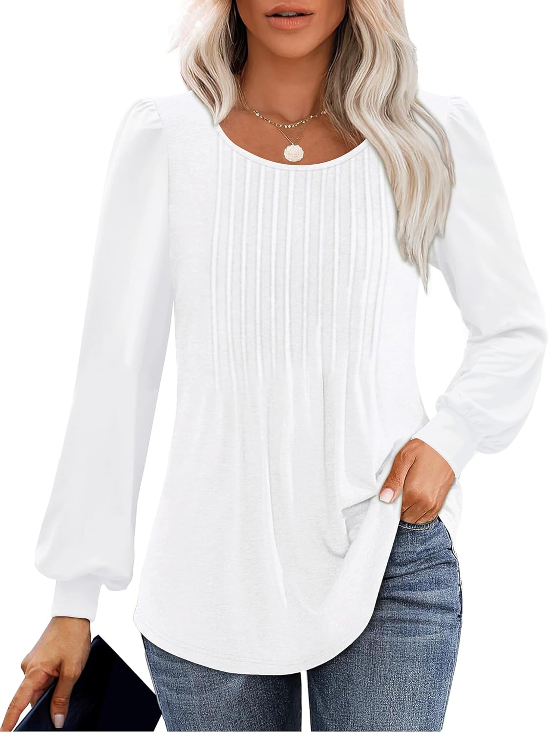 Long Sleeve Shirts For Women Fall Fashion 2024 Womens Tunic Tops Pleated Crew Ne...