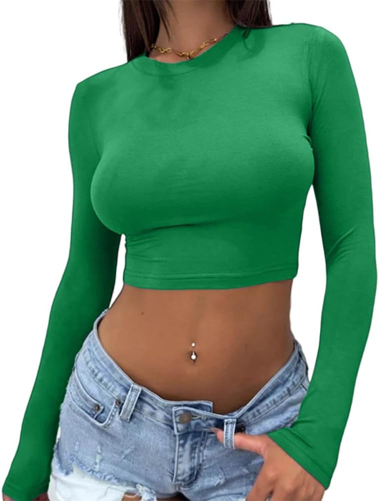 Abardsion Women's Sexy Long Sleeve Crop Top 2024 Crew Neck Basic Fitted Tight Cr...
