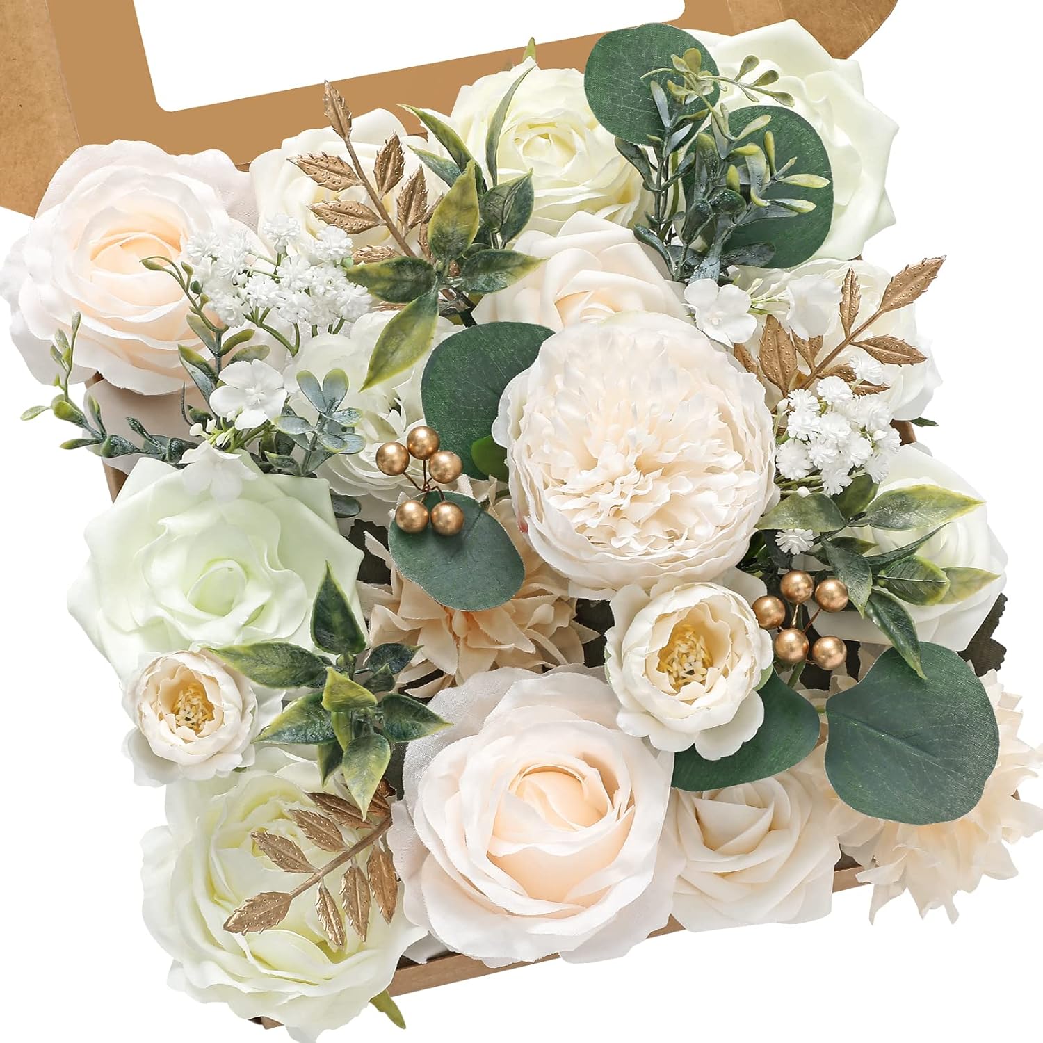 Serwalin Artificial Flowers White Peony and Roses Box Set, 10.63 x 9.84 x 2.17 i...