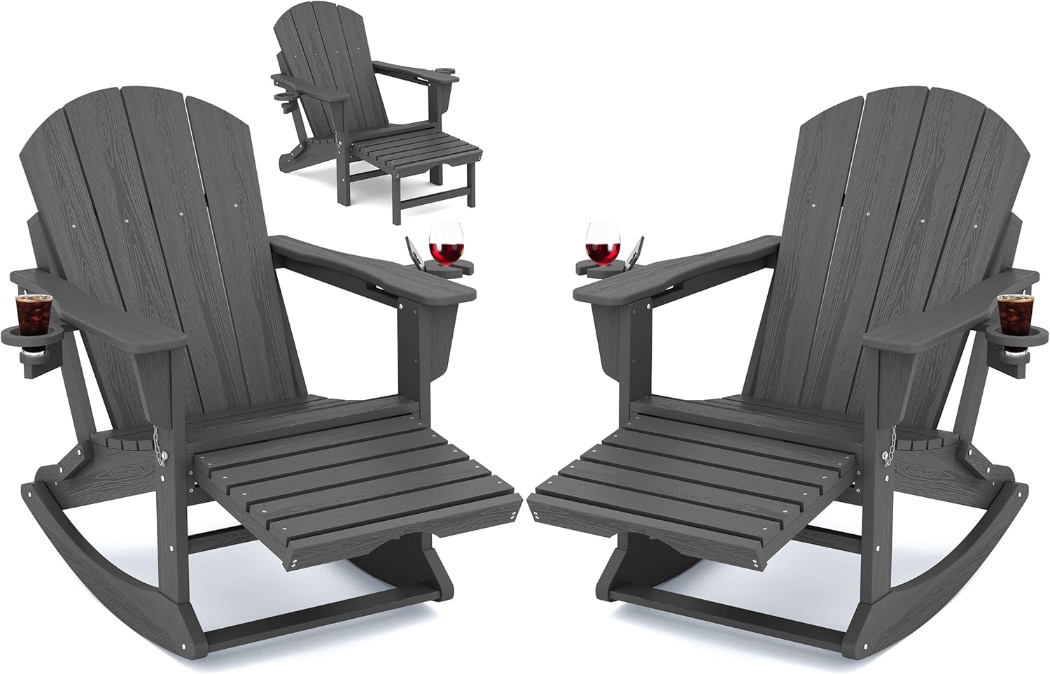 KINGYES Folding Adirondack Rocking Chair Set of 2 with Retractable Ottoman and C...