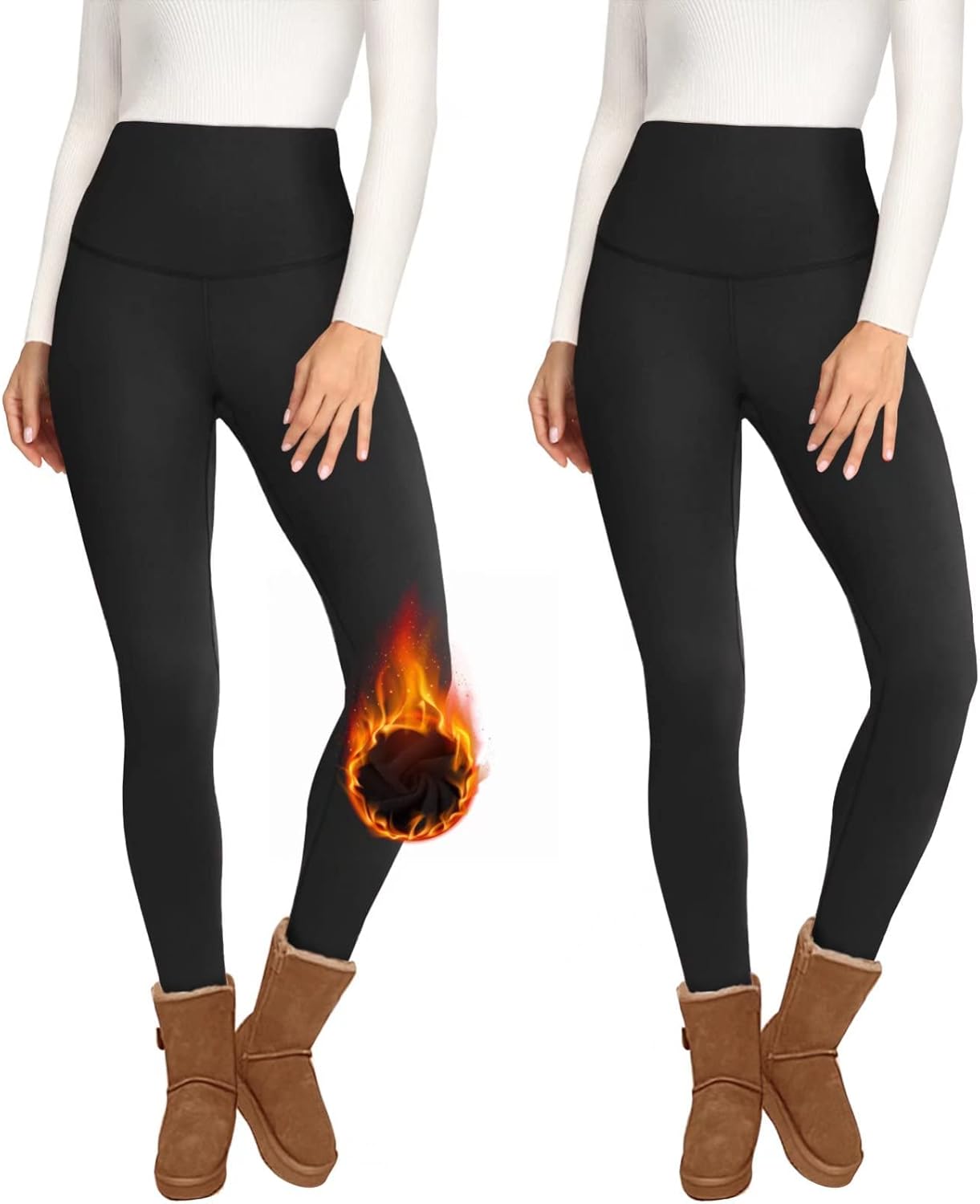 Opuntia 2 Pack Fleece Lined High Waisted Leggings for Women - Warm Winter Pants...