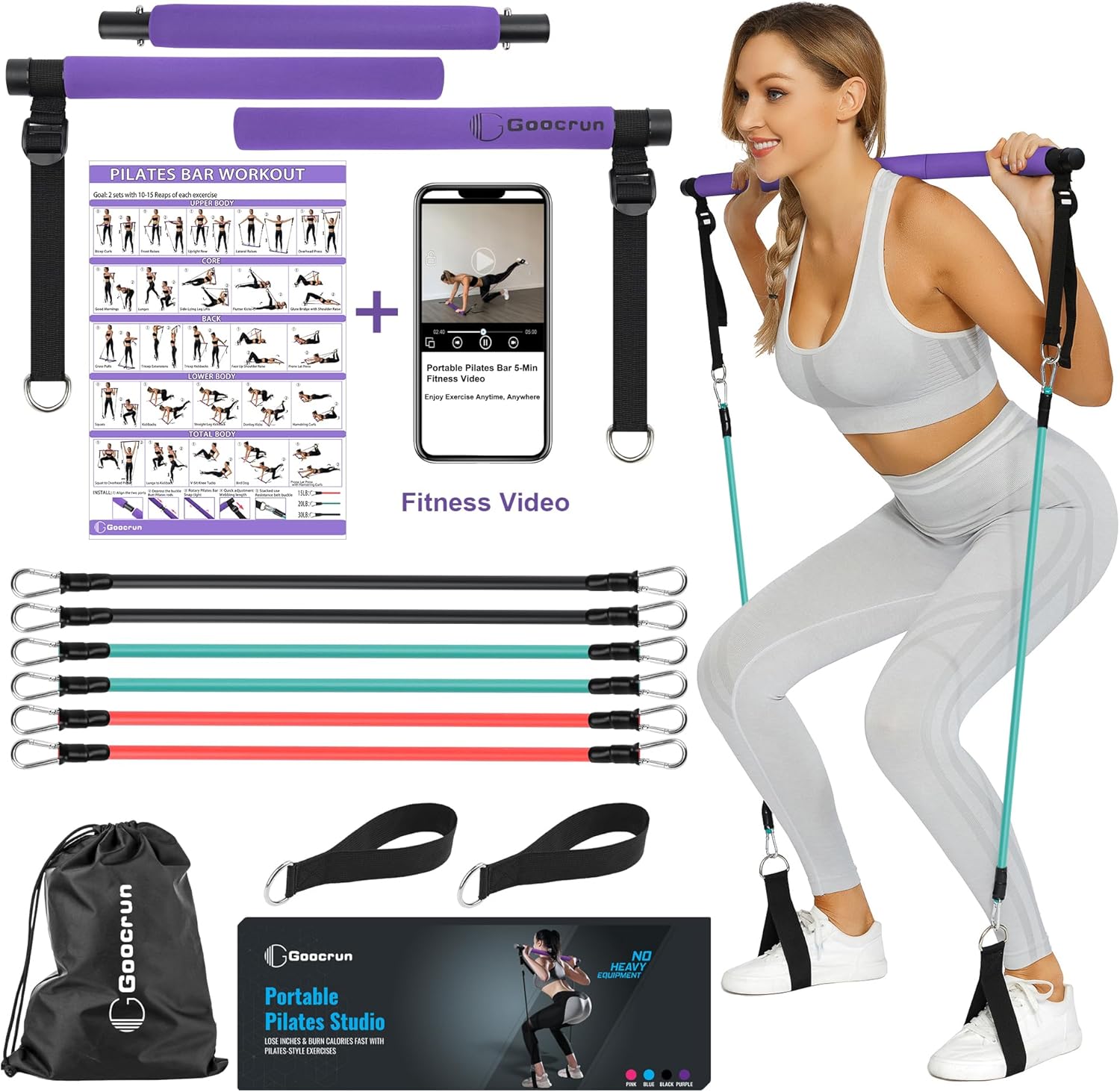 Portable Pilates Bar Kit with Resistance Bands for Men and Women - 3 Set Exercis...
