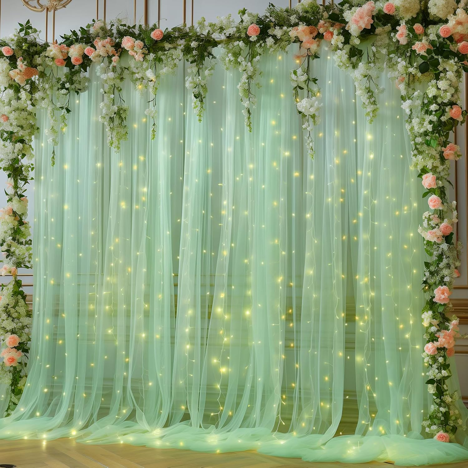 10x10ft Olive Green Tulle Backdrop Curtain with Lights String for Parites, Sheer...