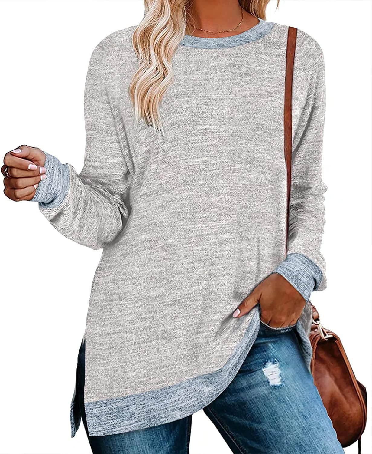 WELINCO Womens Crewneck Pullovers Color Block Long Sleeve Side Split Tunic Tops...