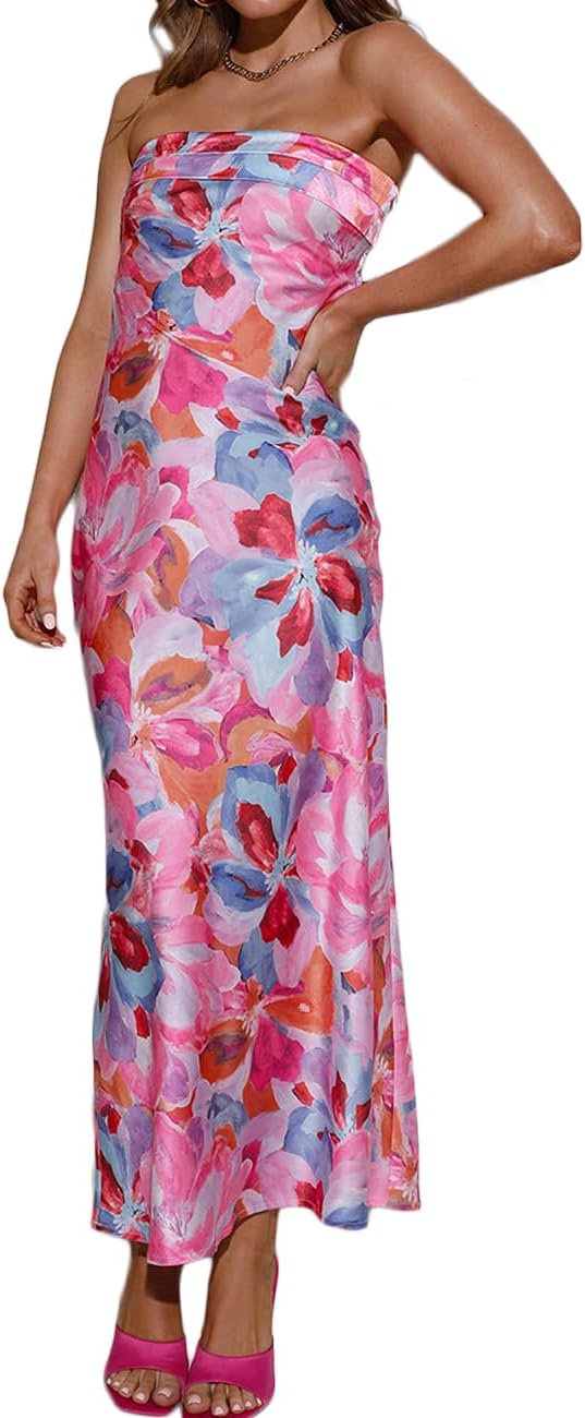 Realtix Satin Silk Backless Tube Tops Maxi Dress for Women Low Back Hollow Out E...
