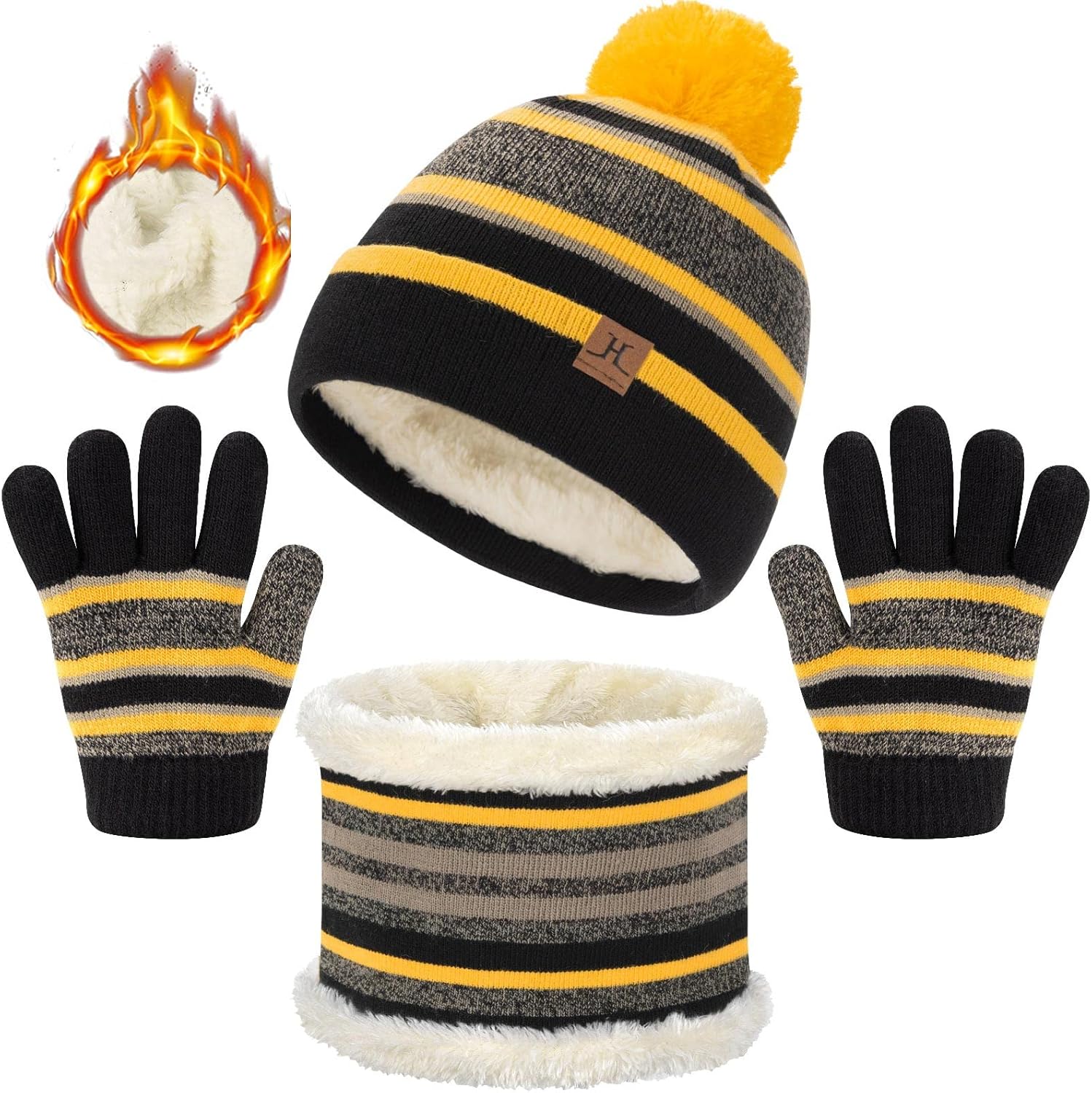 heekpek Winter Beanie Hat Scarf Gloves Set 3 in 1 Thermal Knitted Pompom Stripe...