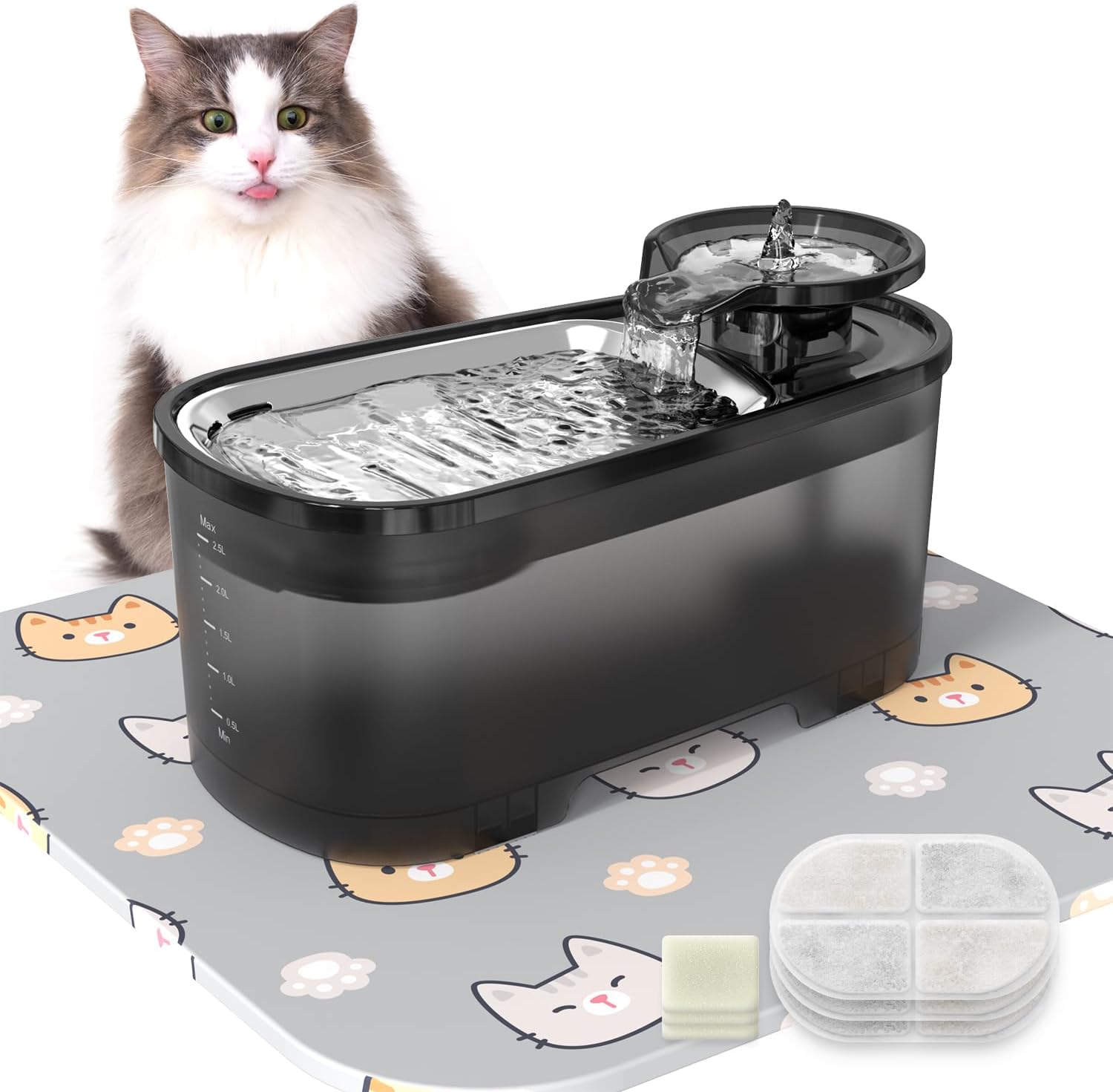 VEGREM Cat Water Fountain 2.5L, Silent Cat Fountain with Activated Carbon Filter...