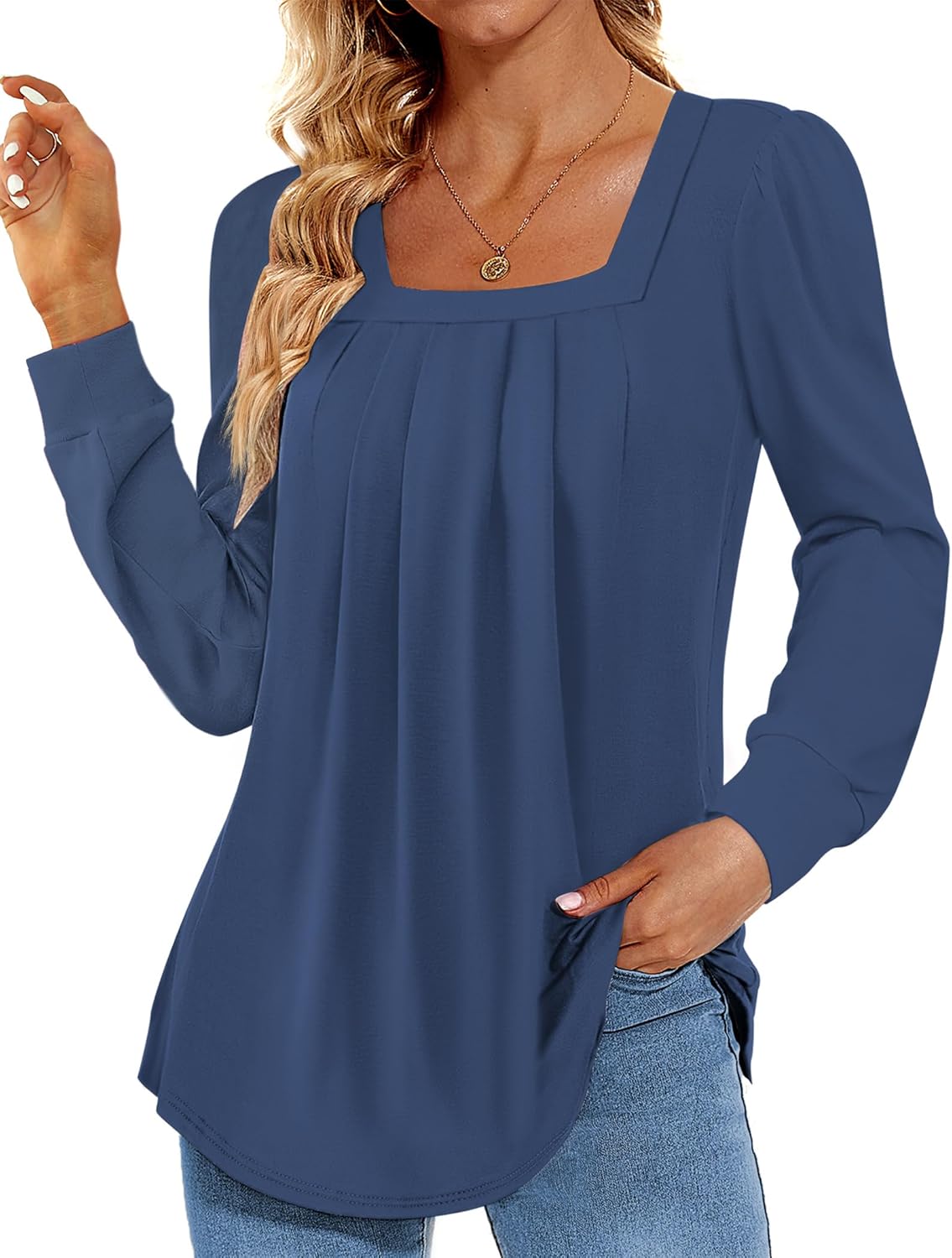 Funlingo 2024 Women's Long Sleeve Tops, Special Dressy Pleated Square Neck Tunic...