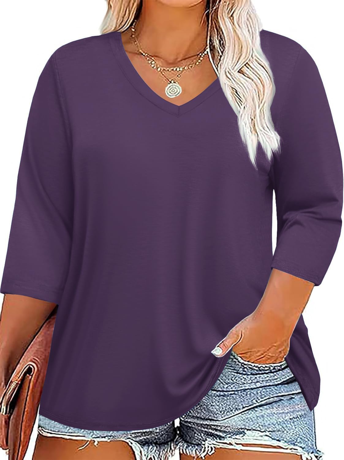 TFSDOD Womens Plus Size Tops V Neck T Shirts 3/4 Sleeve Blouse Summer Casual Tee...