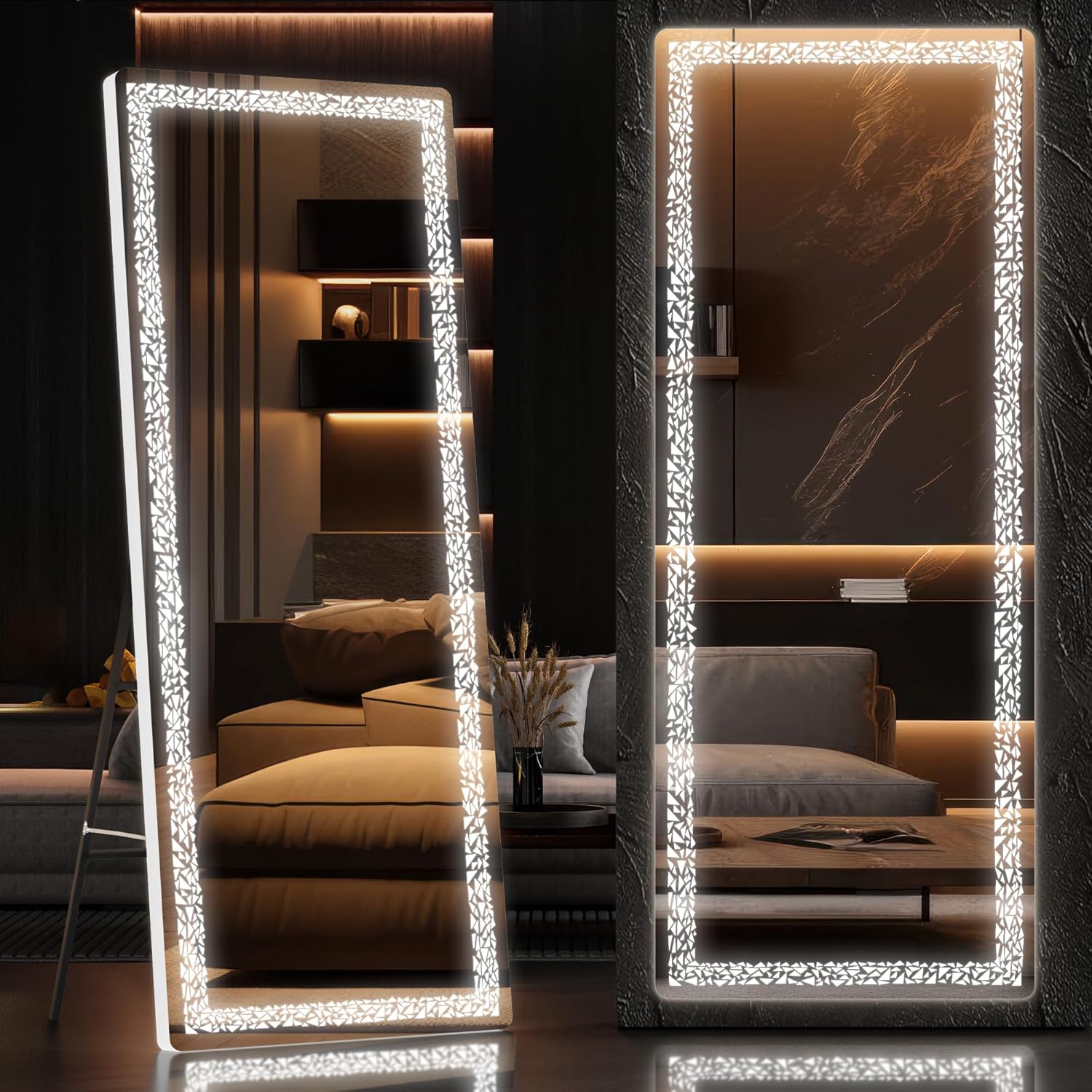 Hasipu 56" x 16" LED Full Length Mirror with Triangle Pattern, Full Body Mirror...