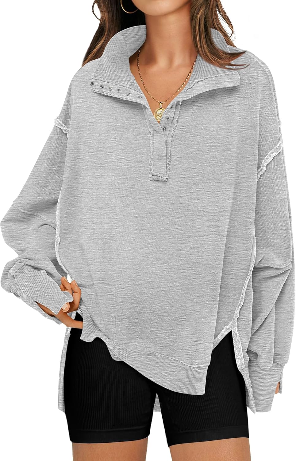 RUBZOOF Oversized Sweatshirt for Women Trendy Button Henley Neck Pullover Long S...