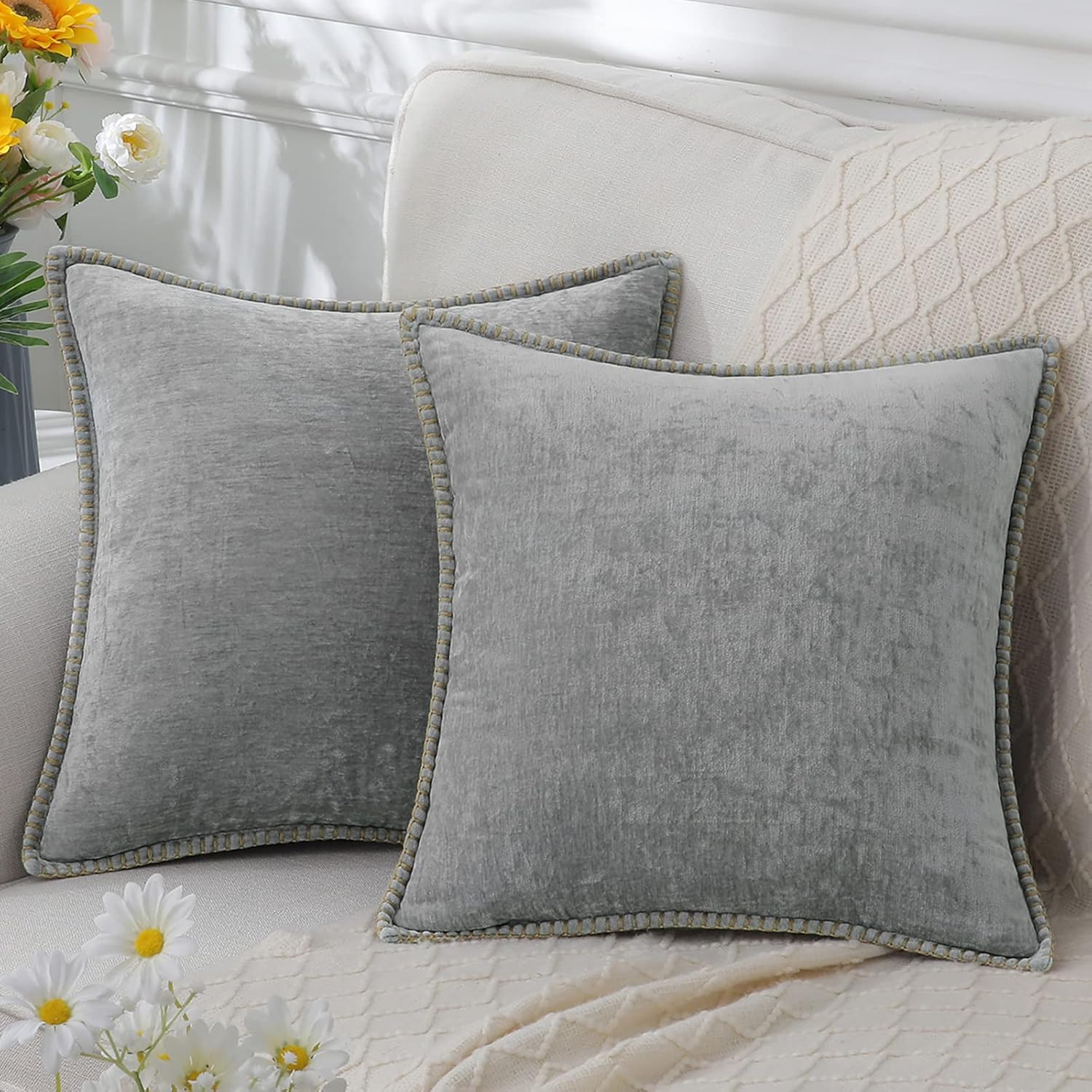 decorUhome Chenille Soft Throw Pillow Covers 16x16 Set of 2, Farmhouse Velvet Pi...