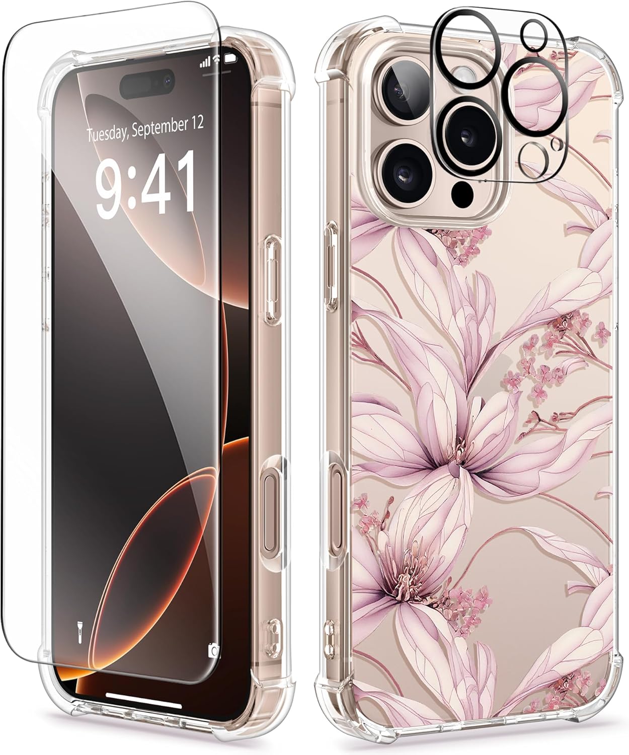 GVIEWIN Compatible with iPhone 16 Pro Case Floral, with Screen Protector&Camera...