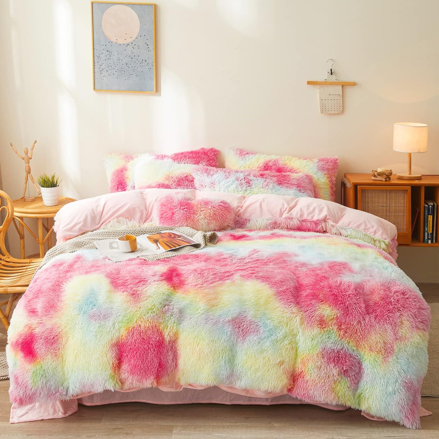 Rainbow Plush Comforter Cover Set, Special 3 Piece Bedding, Ultra Soft Faux Fur...