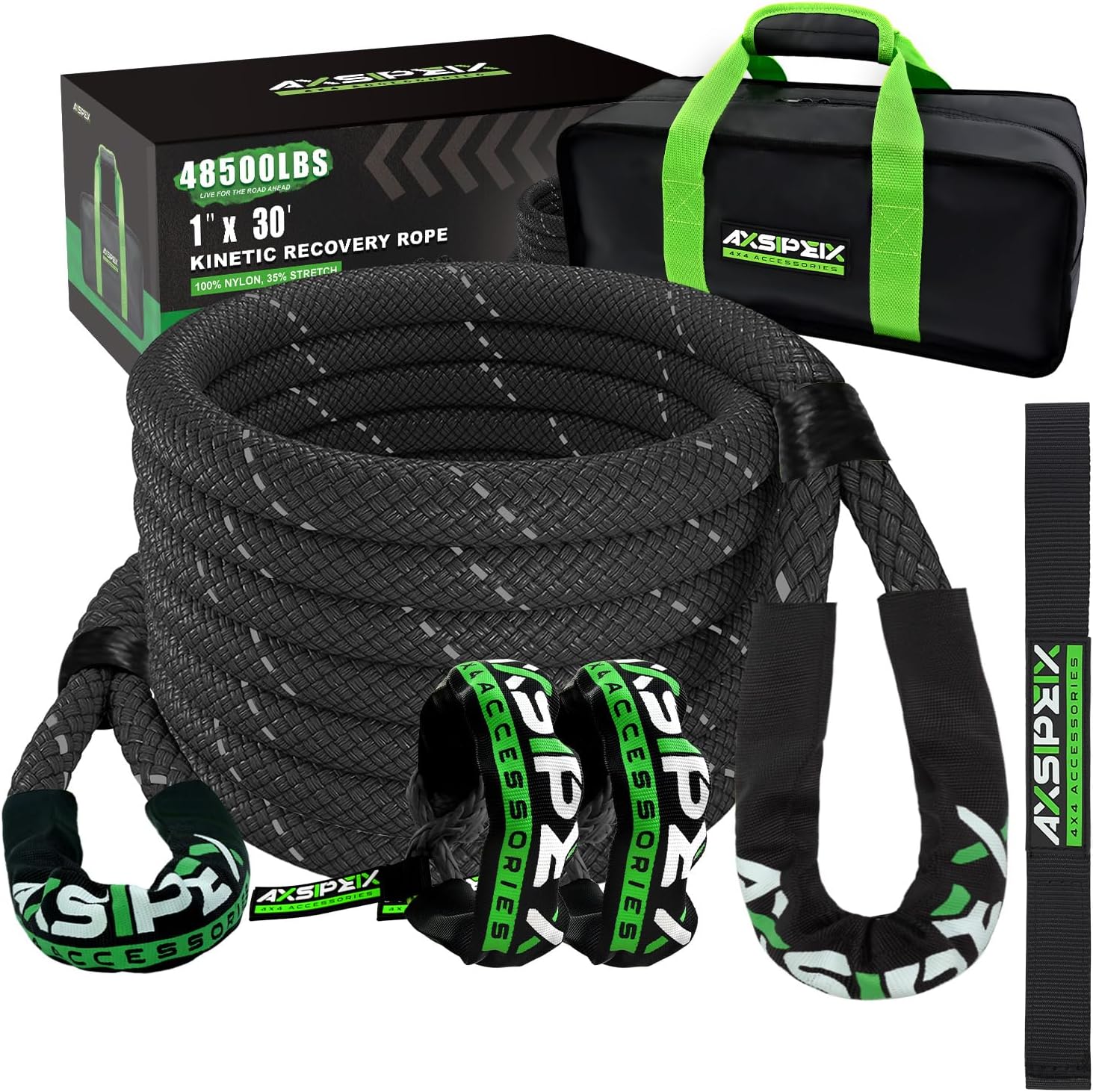 1"×30ft Kinetic Recovery Rope (48,500lbs) Heavy Duty Offroad Recovery Rope with...