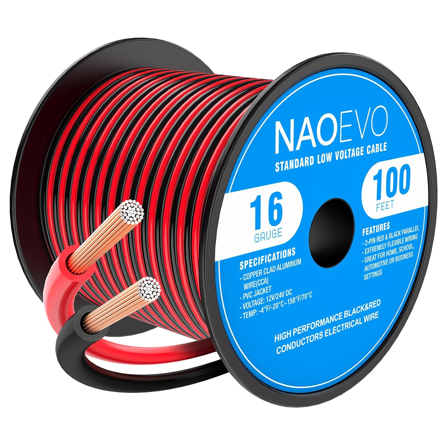 NAOEVO 16 Gauge Wire 100FT, 2 Conductors Electrical Wire Red Black Cable, Flexib...