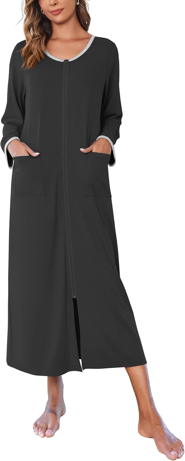 Ekouaer Women Long House Coat, Special Zipper Front Robes, Comfortable Full Leng...