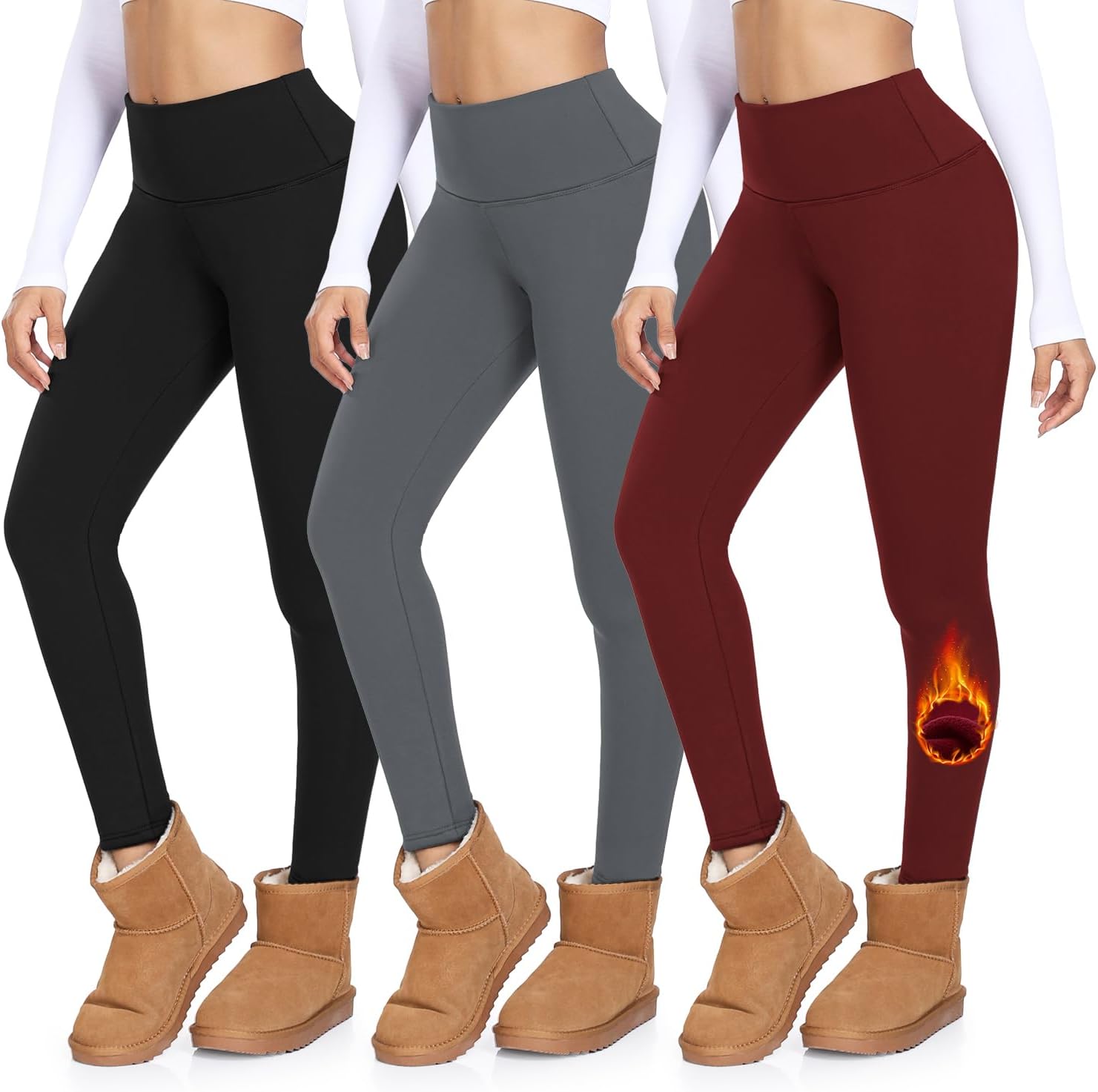 MOREFEEL 3 Pack Thermal Fleece Lined Leggings Women,High Waisted Tummy Control W...