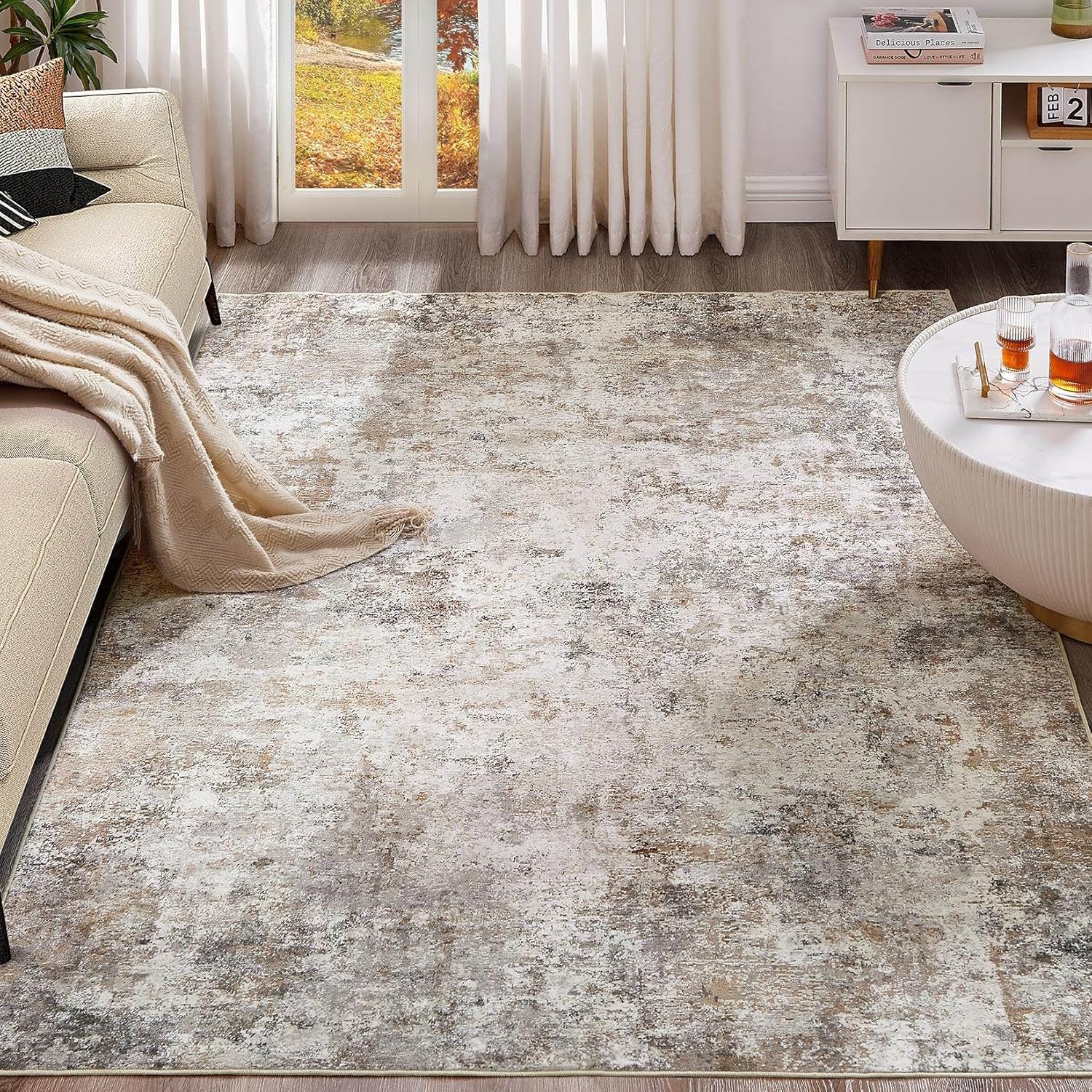 10x14 Area Rug Living Room Rugs - Washable Neutral Modern Abstract Soft Thin Lar...