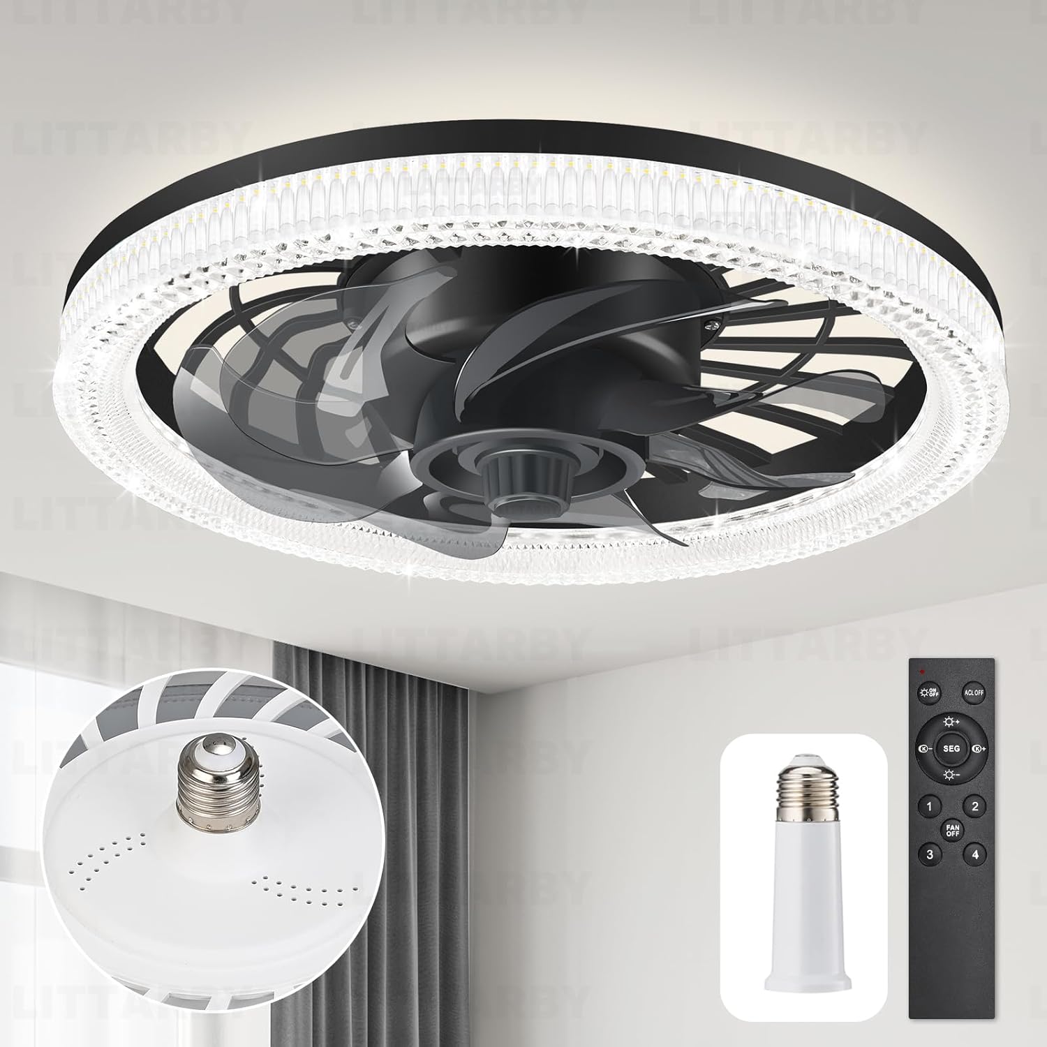 Ceiling Fans with Lights, Socket Fan Light with Remote Control, Dimmable Brightn...