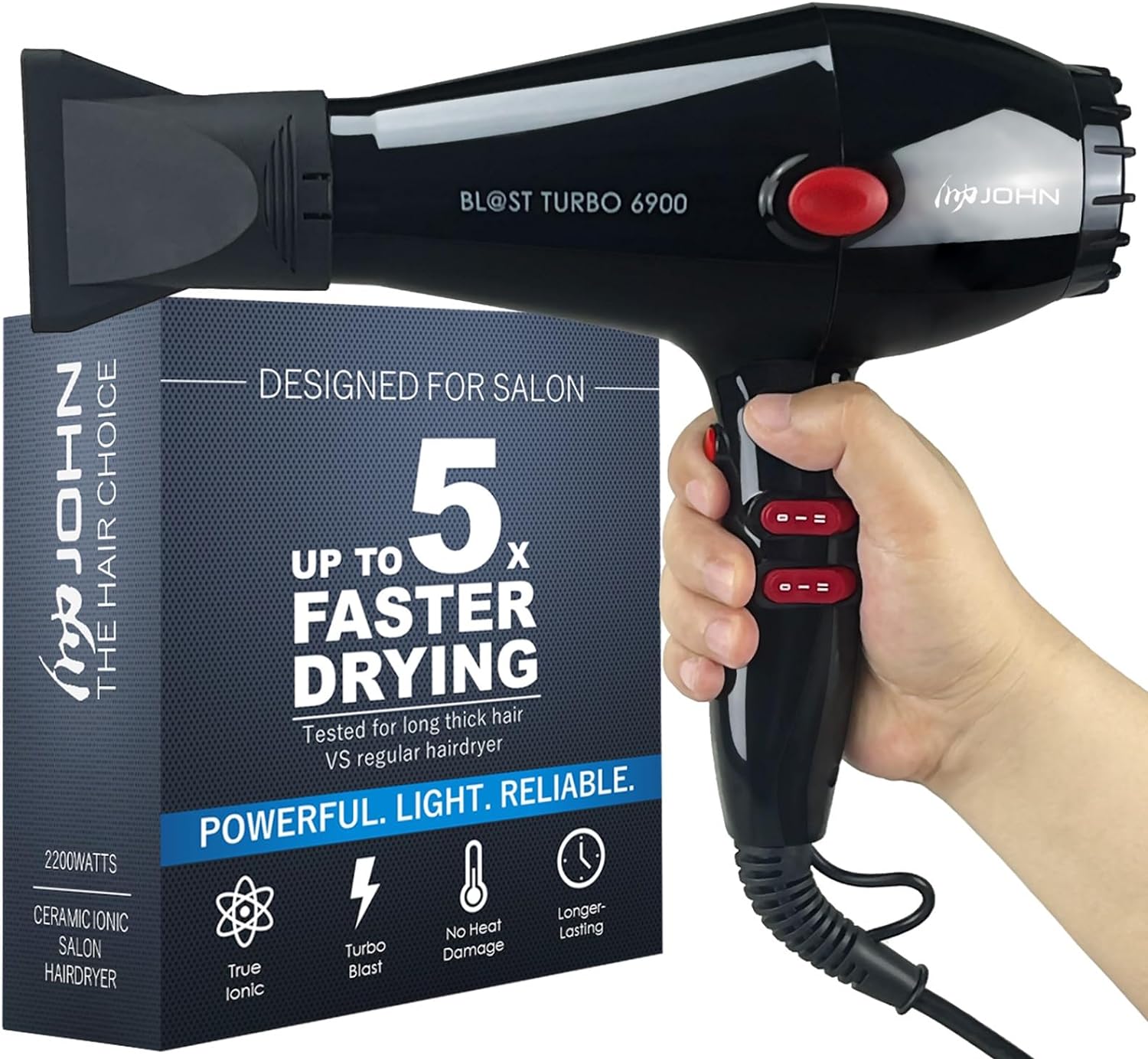 JOHN Professional Ionic Salon Hair Dryer 2200W, Po...