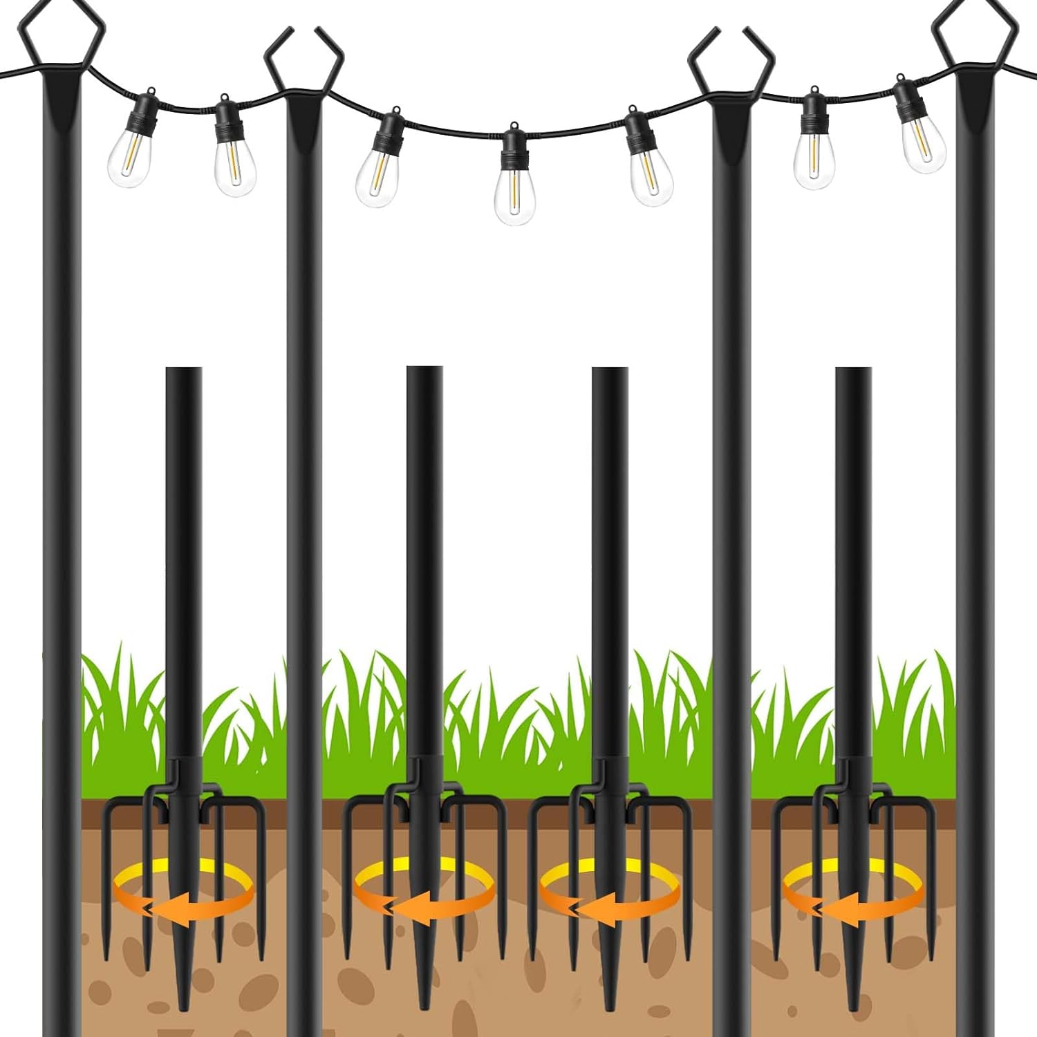4 Pack String Light Poles,10 Ft Metal Poles with Fork for Outdoor String Lights,...