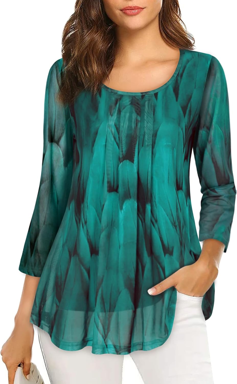 VALOLIA Women's 3/4 Sleeve Tunic Tops Casual Loose Fit Floral Blouses Mesh Pleat...