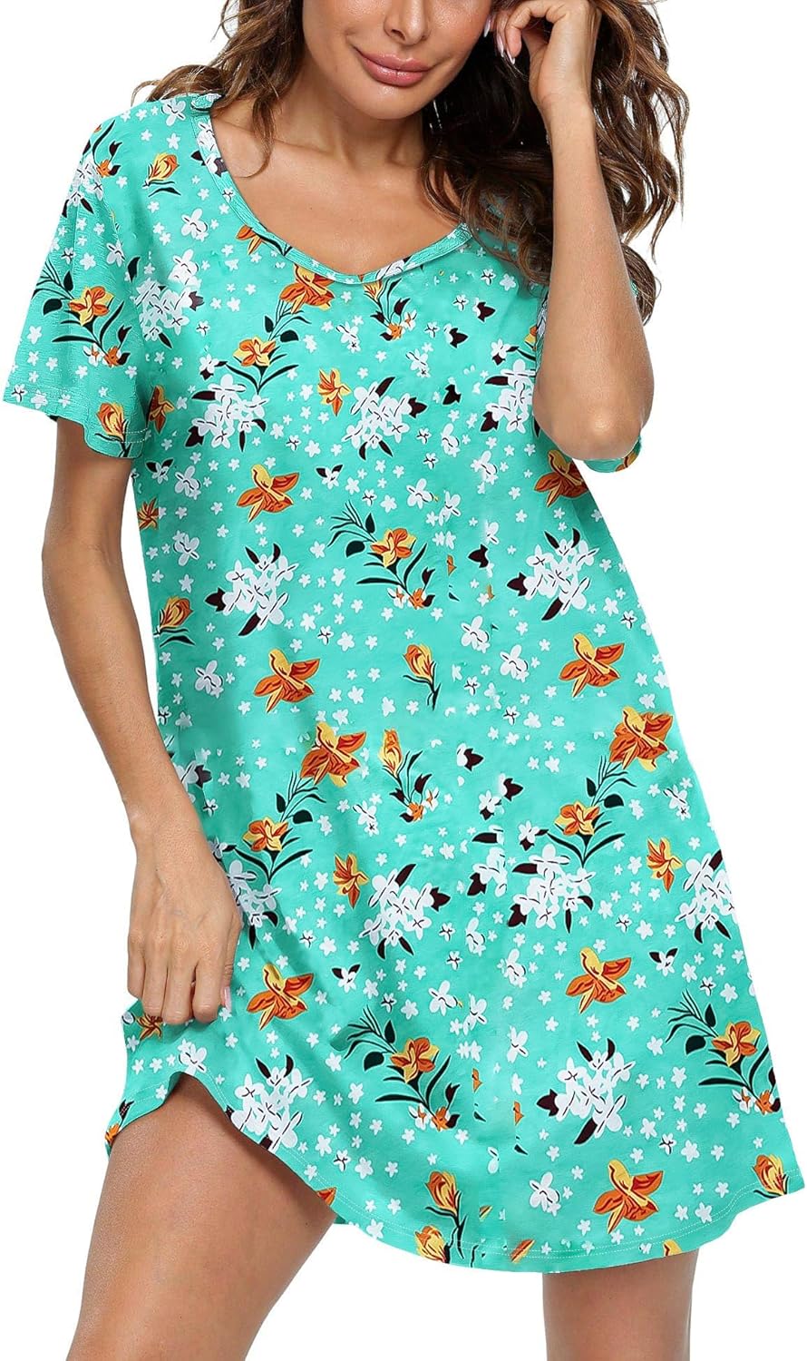 ENJOYNIGHT Womens Cotton Nightgown Short Sleeves Sleepshirt Print Nightshirt Gre...