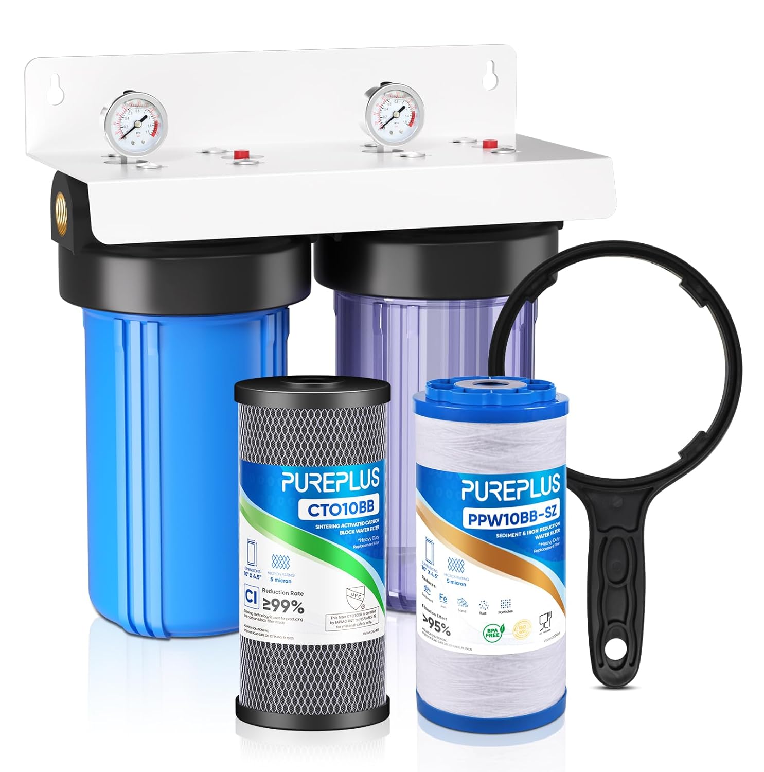 PUREPLUS 2-Stage Whole House Water Filtration System, 10" Universal Clear Housin...