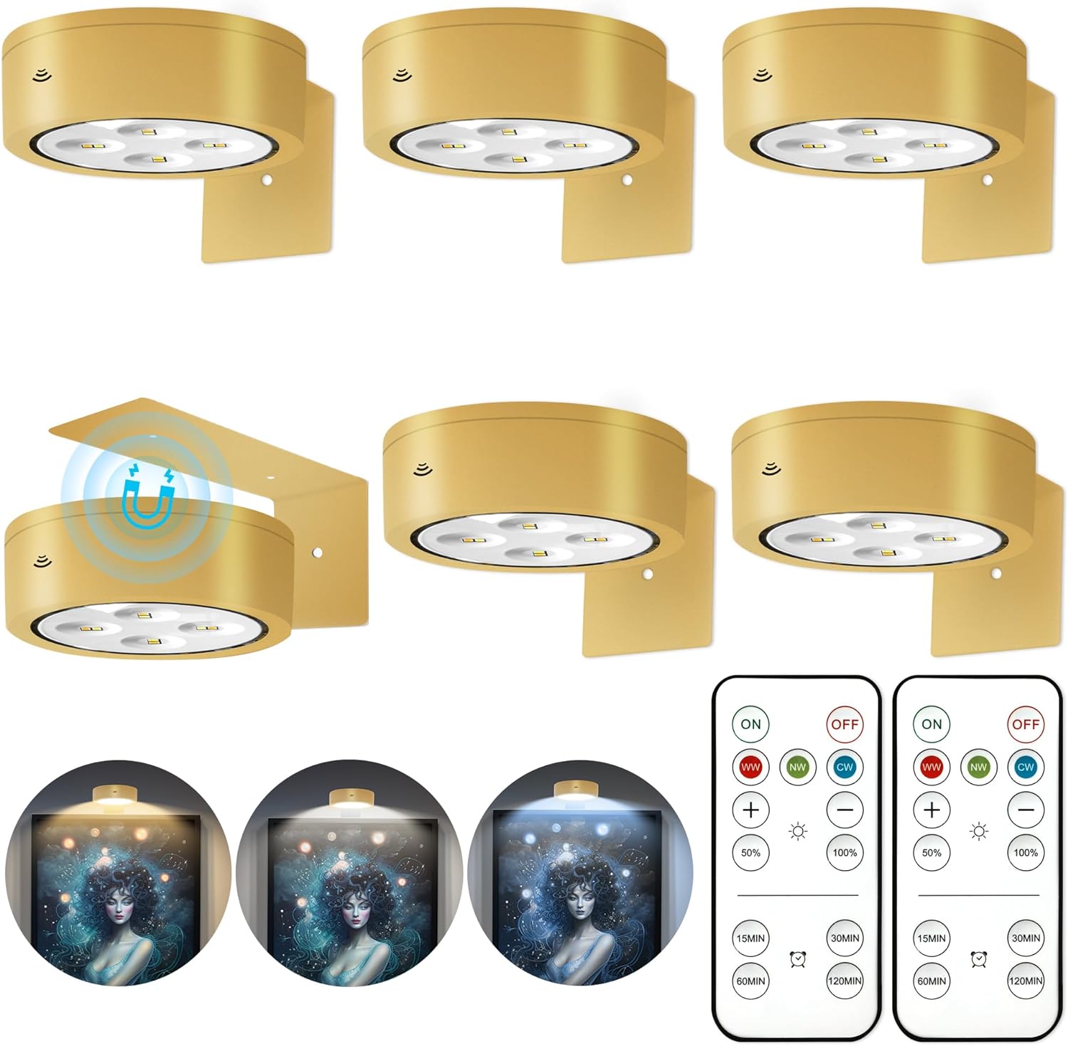 6Pcs Battery Operated Picture Light, Special Magnetic Led Painting Light with Re...