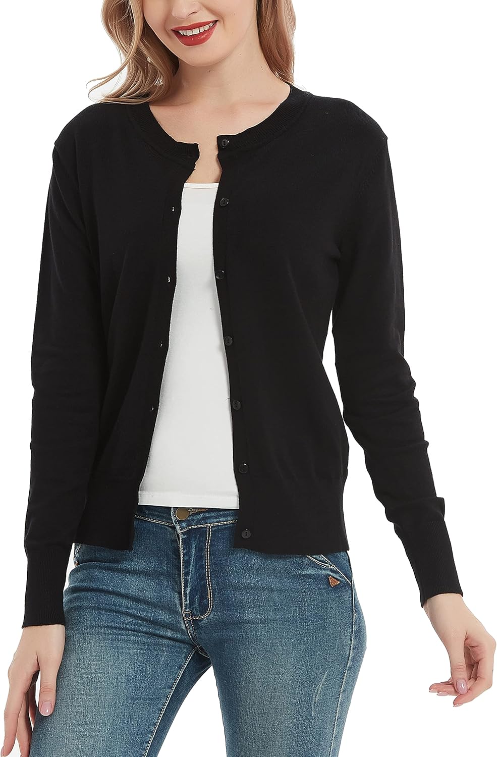 Women's Crew Neck Button Down Long Sleeve Cardigan Sweater Black Small