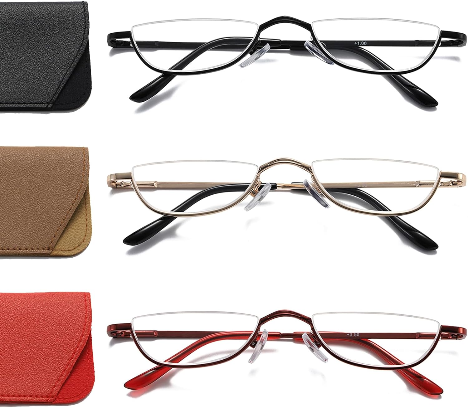 Hubeye 3 Pairs Half Moon Reading Glasses Metal Slim Semi Rimless Eyewear Spring...