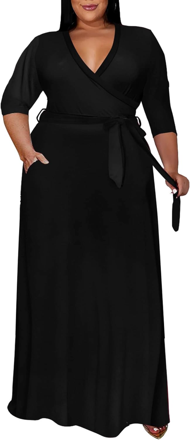 Runwind Plus Size Dress for Women - 3/4 Sleeve V Neck Printing Maxi Dresses for...