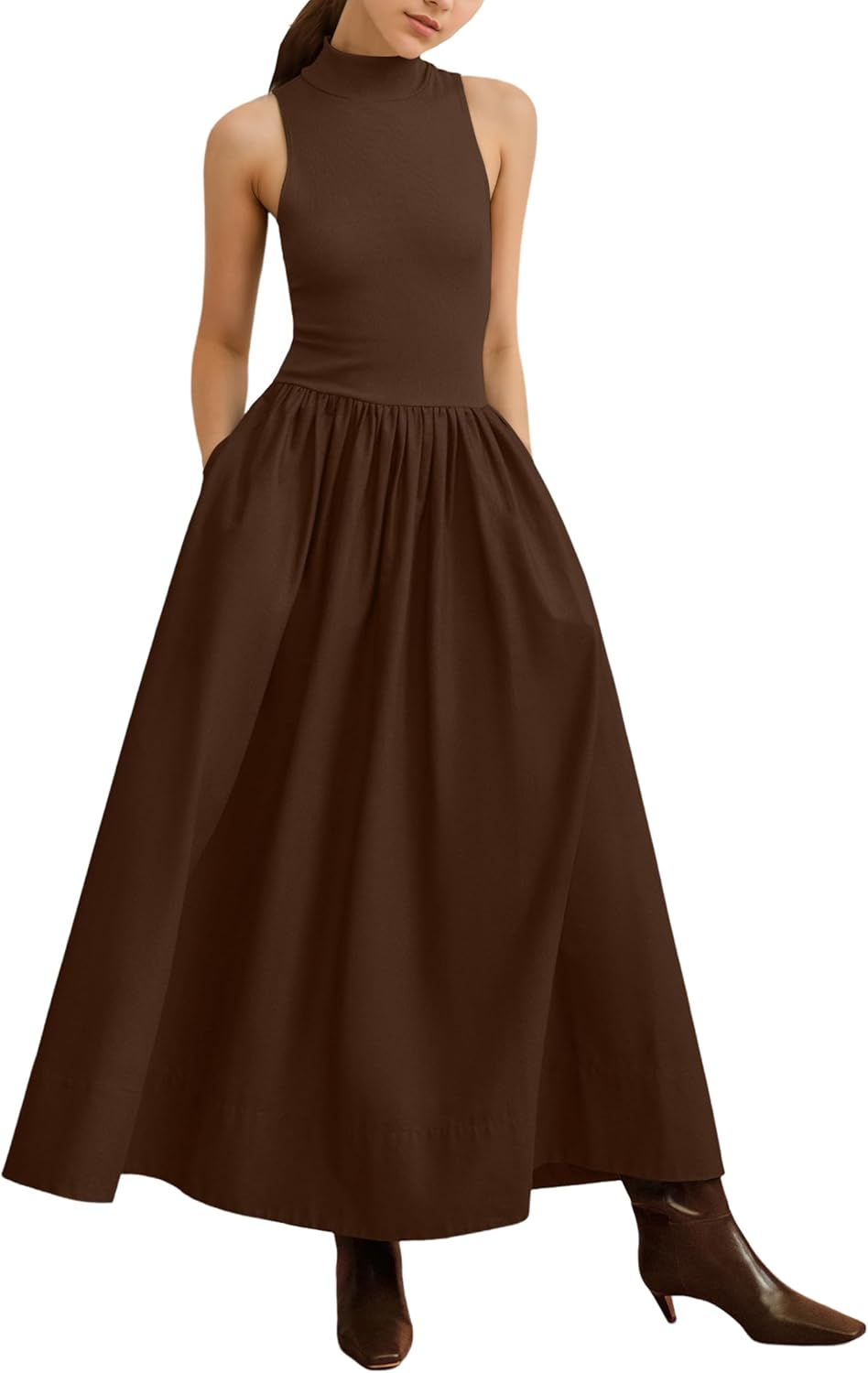 Lauweion Women's Sleeveless Turtleneck Maxi Dress Patchwork Casual Solid Flowy M...