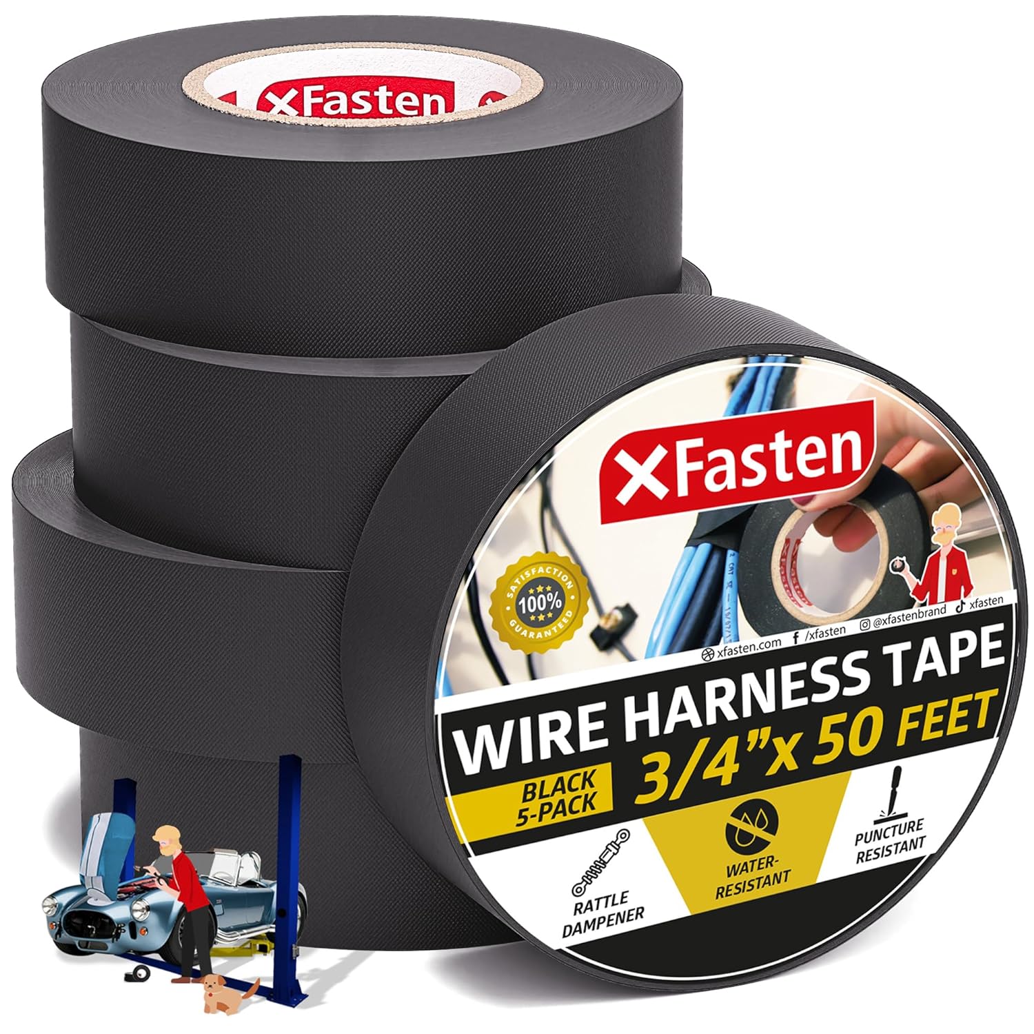 XFasten Wire Harness Tape, 3/4-Inch by 50-Foot (5-Pack), High Temp Wiring Loom H...