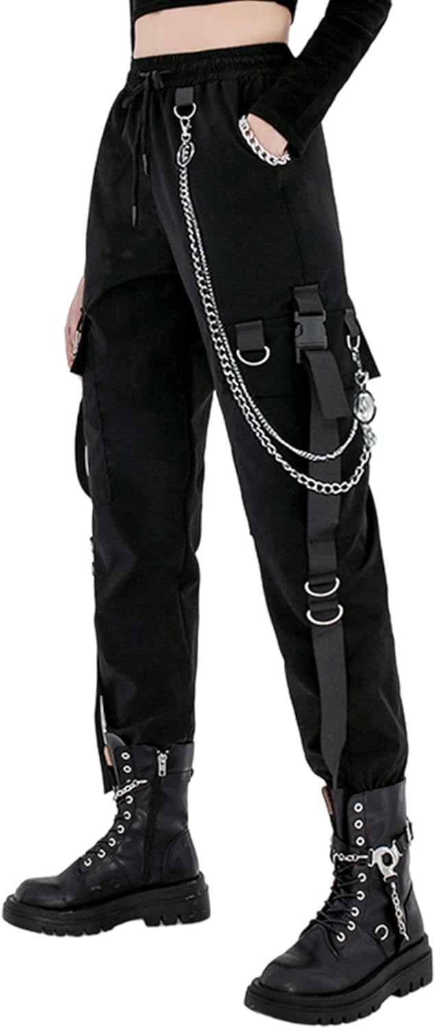 MEINVQIAOTI Black Cargo Pants for Women Techwear Women Loose Street Rock Style C...