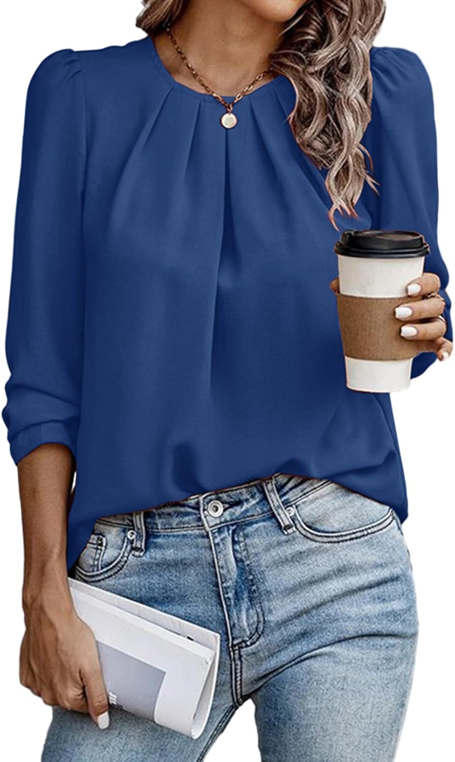 Samefar Womens Tops Dressy Casual Pleated Crew Neck Long Sleeve Shirts Office Wo...