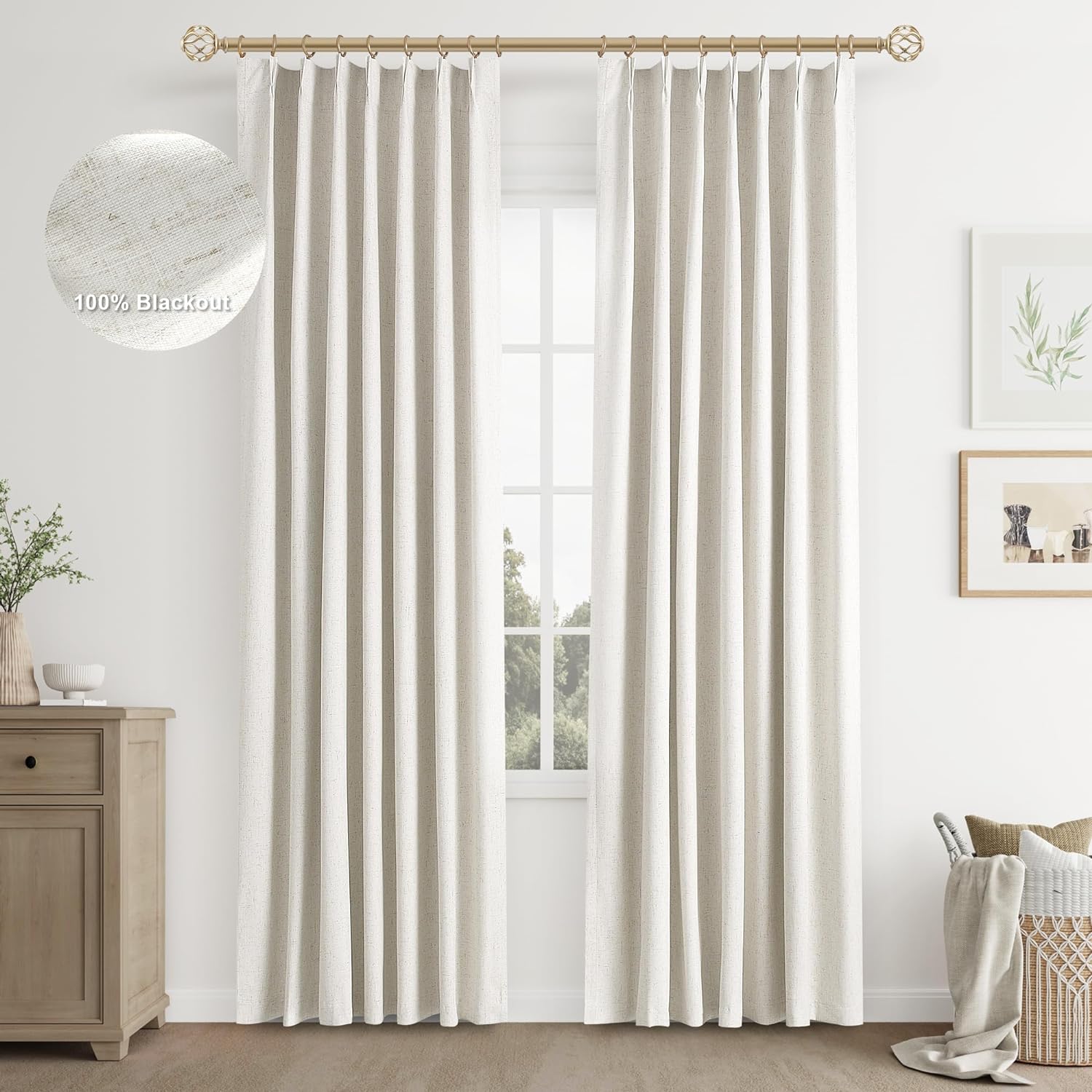 Joywell Cream Ivory Linen 100% Blackout Curtains 84 Inches Long,Pinch Pleated Ba...