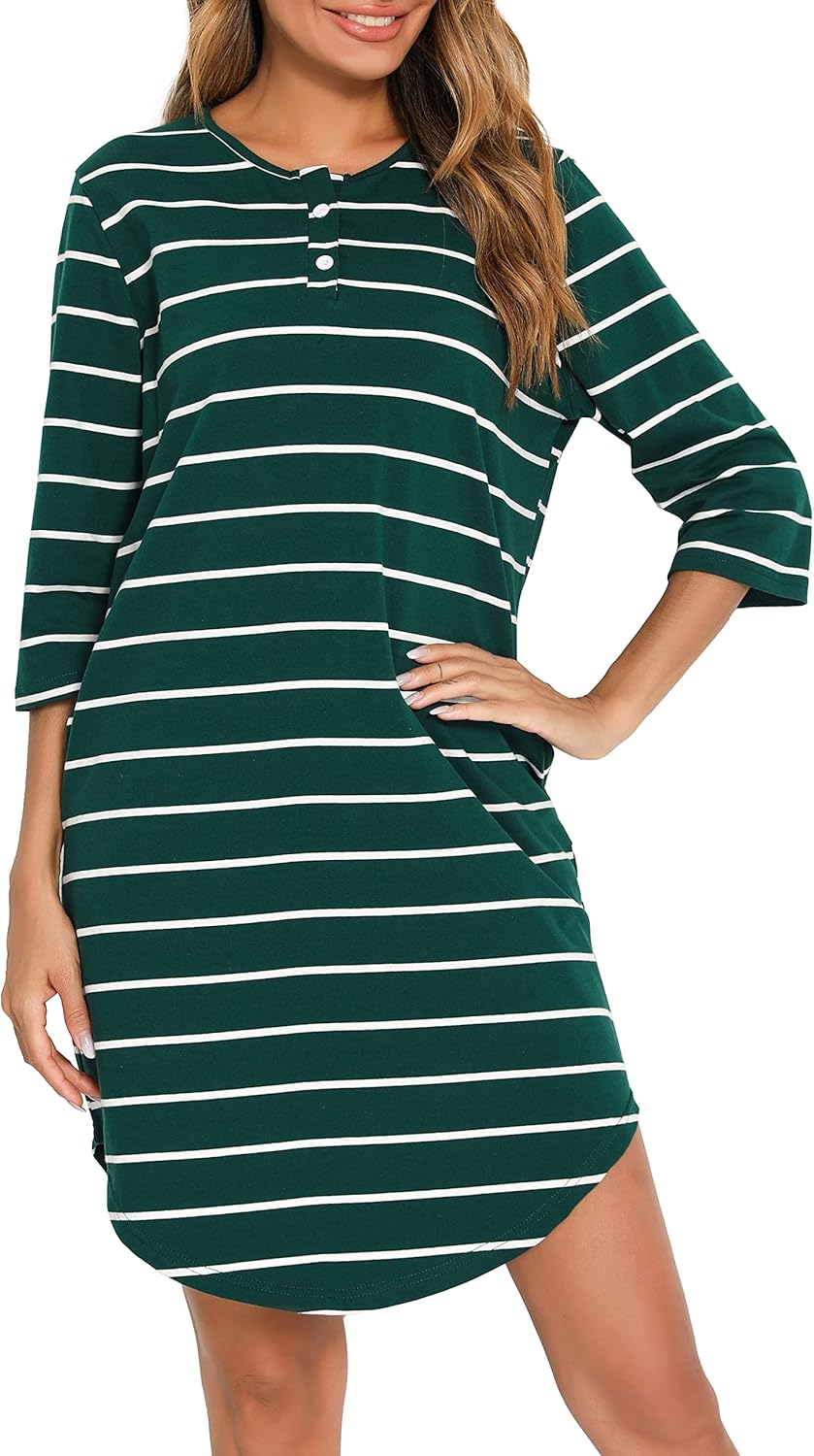 Vlazom Women’s Nightdresses Soft Cotton Nightshirt Stripe 3/4 Sleeve Sleep Dress...