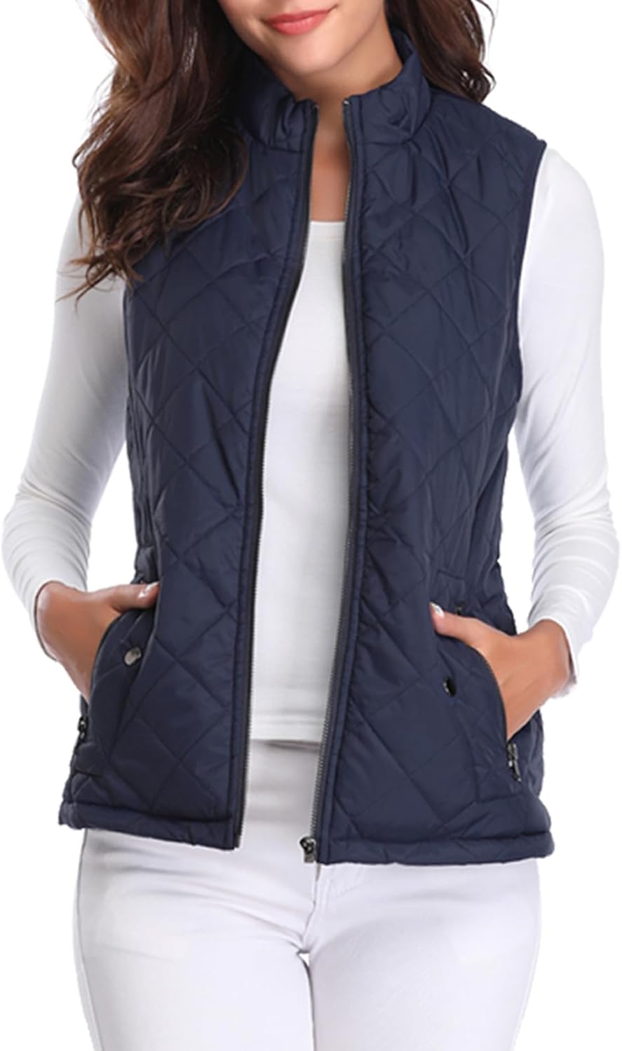 Fuinloth Women's Quilted Vest, Stand Collar Lightweight Zip Padded Gilet Large D...