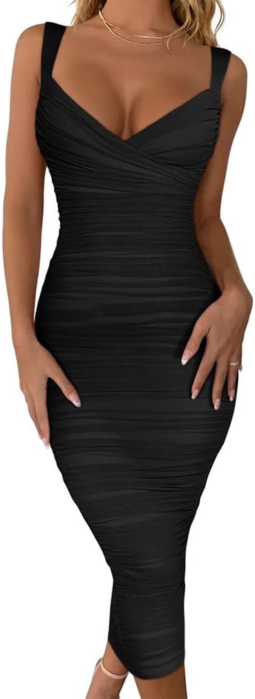 BEAGIMEG Women's Sexy Bodycon Sleeveless Ruched Mesh Club Party Midi Dress Large...