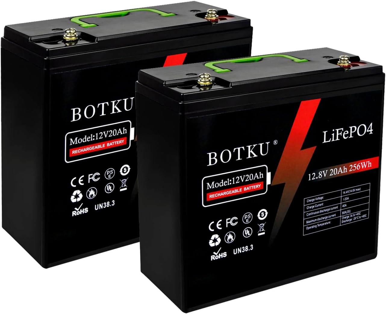 12V 20Ah Lithium LiFePO4 Deep Cycle Battery 2 Pack, 3000+ Cycle Rechargeable Lit...