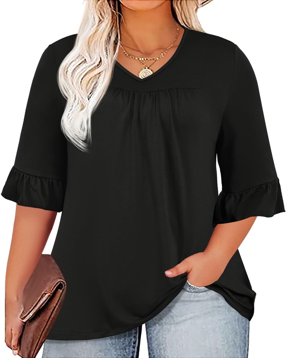 Micoson Womens Plus Size Tops, Special 3/4 Ruffle Sleeve Shirt, Unique Casual V...