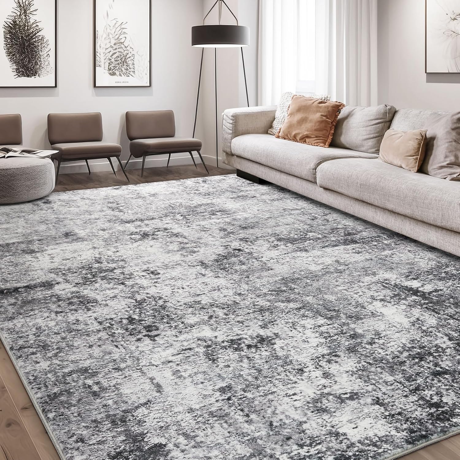 Area Rug Living Room Rugs - 6x9 Large Soft Indoor Neutral Modern Abstract Low Pi...